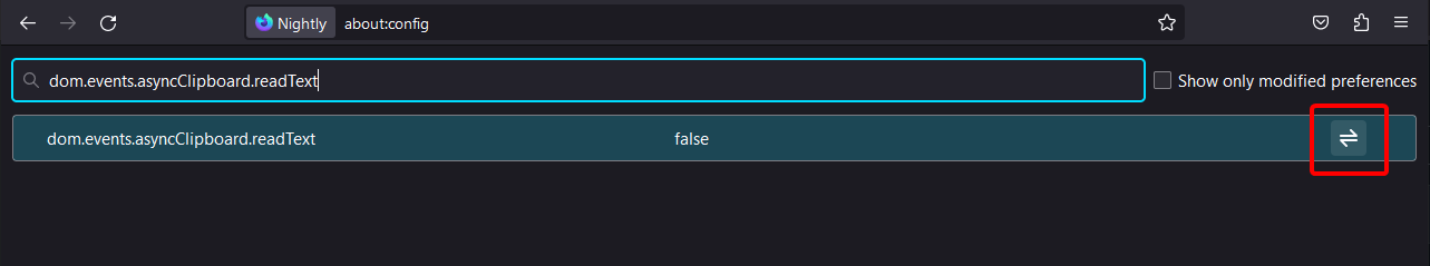 screenshot showing "dom.events.asyncclipboard.readtext" preference on about:config page with highlighted toggle button on very right